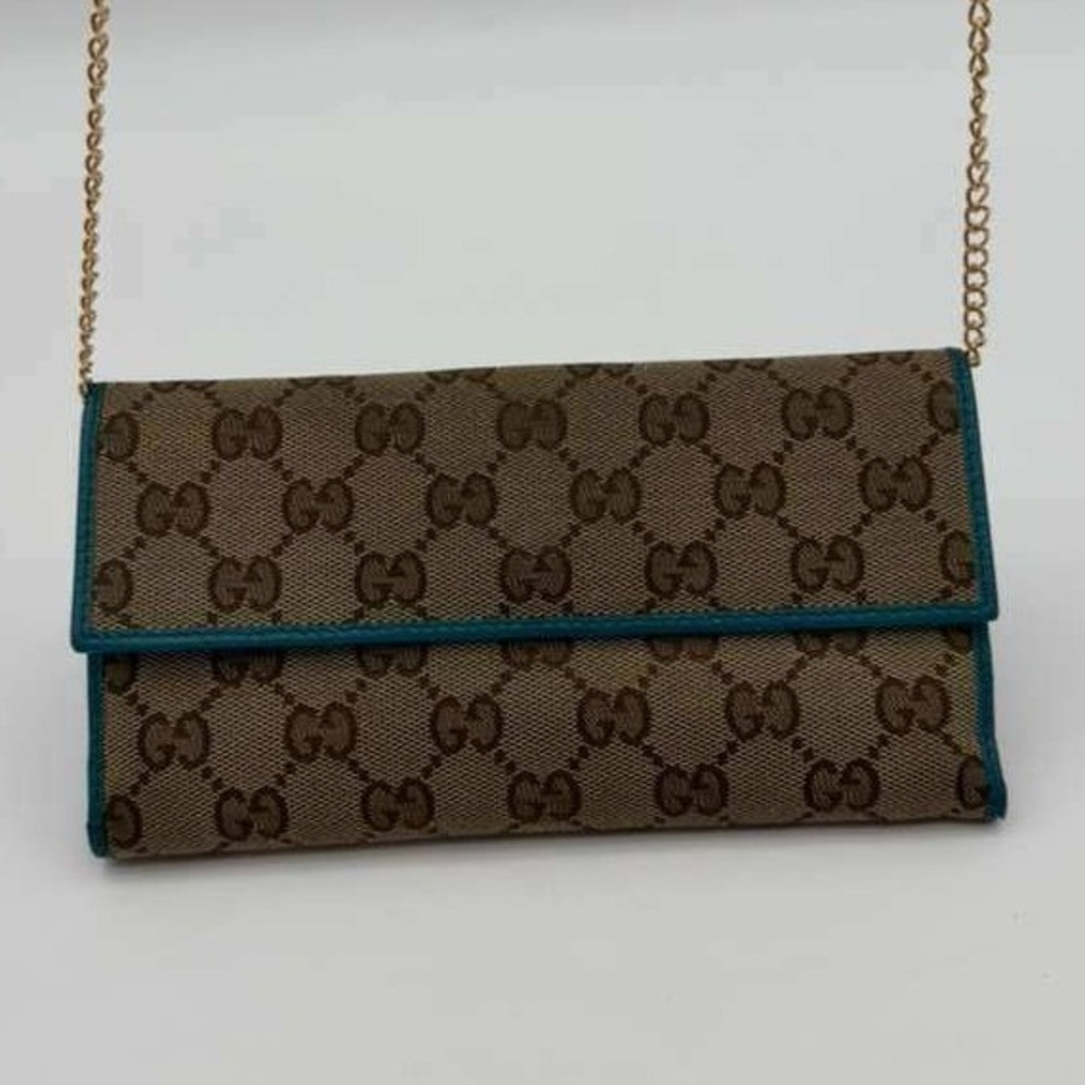 Gucci‎ GG Canvas Long Wallet Blue Leather Trim Authentic Chain Included
